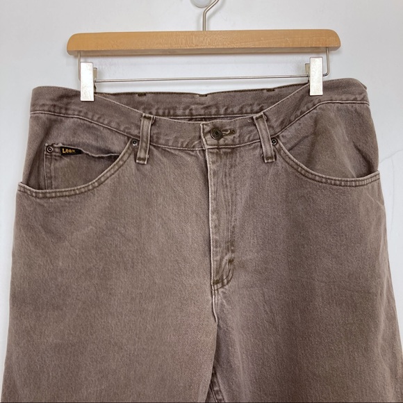 Vintage straight leg brown jeans Lee leather patch faded cotton 90s grunge high - Picture 4 of 8